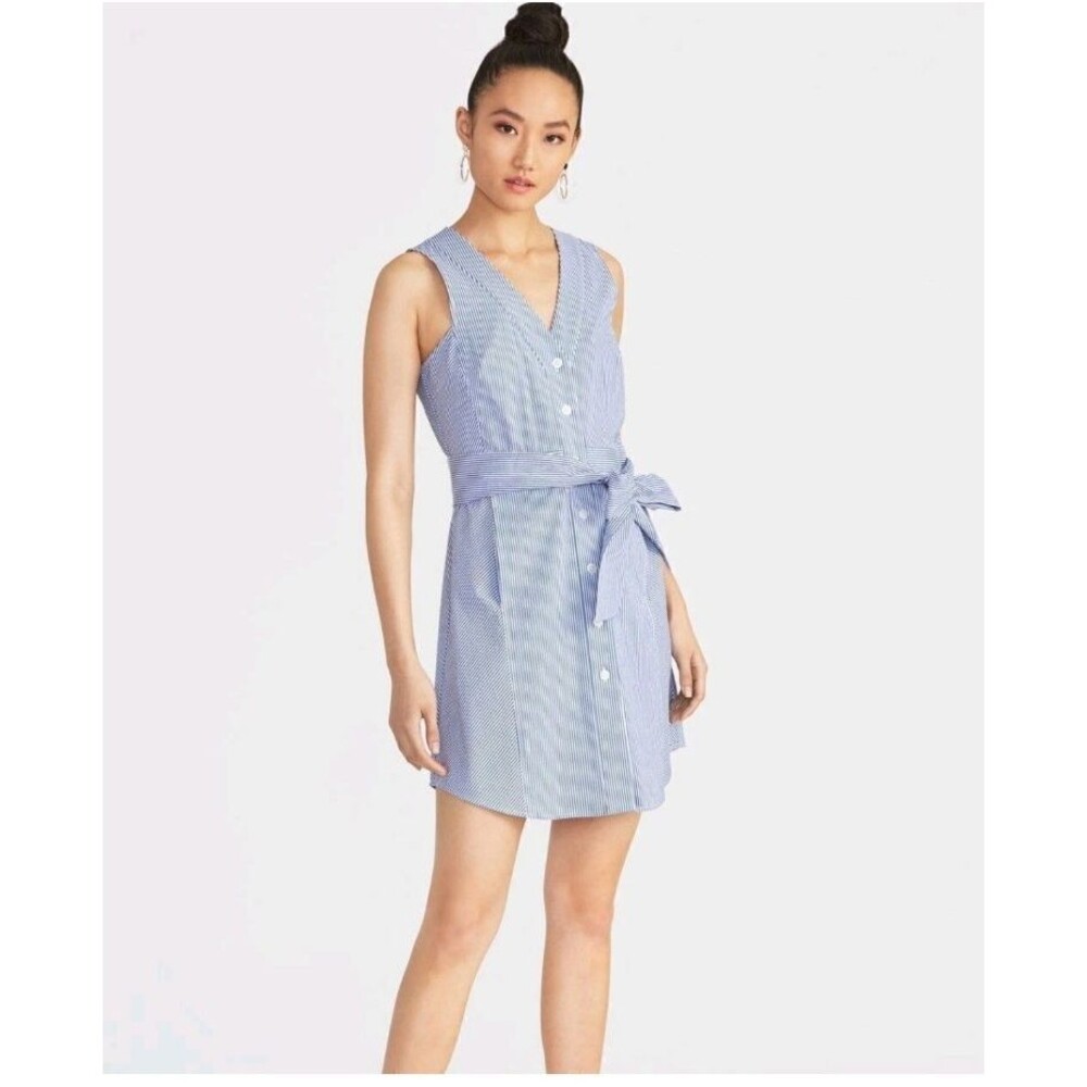 Womens Shirt Dress Sleeveless Cotton Blue & White Striped Button Front Sz 12